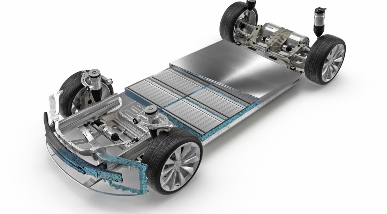 Schematische Darstellung einer Elektrofahrzeug-Plattform von schräg oben: Fahrwerk, Räder und der flache Batterieblock im Boden. Die Bauteile aus Aluminiumschaum sind blau eingefärbt und mit Schaumstruktur dargestellt, darunter der Rahmen um den Batterieblock und Querträger im Vorderwagen.